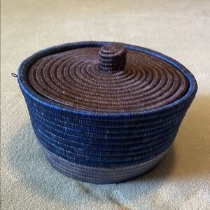 African Handwoven Blue Lidded Basket Striped Three Hues EUC - Home Accents